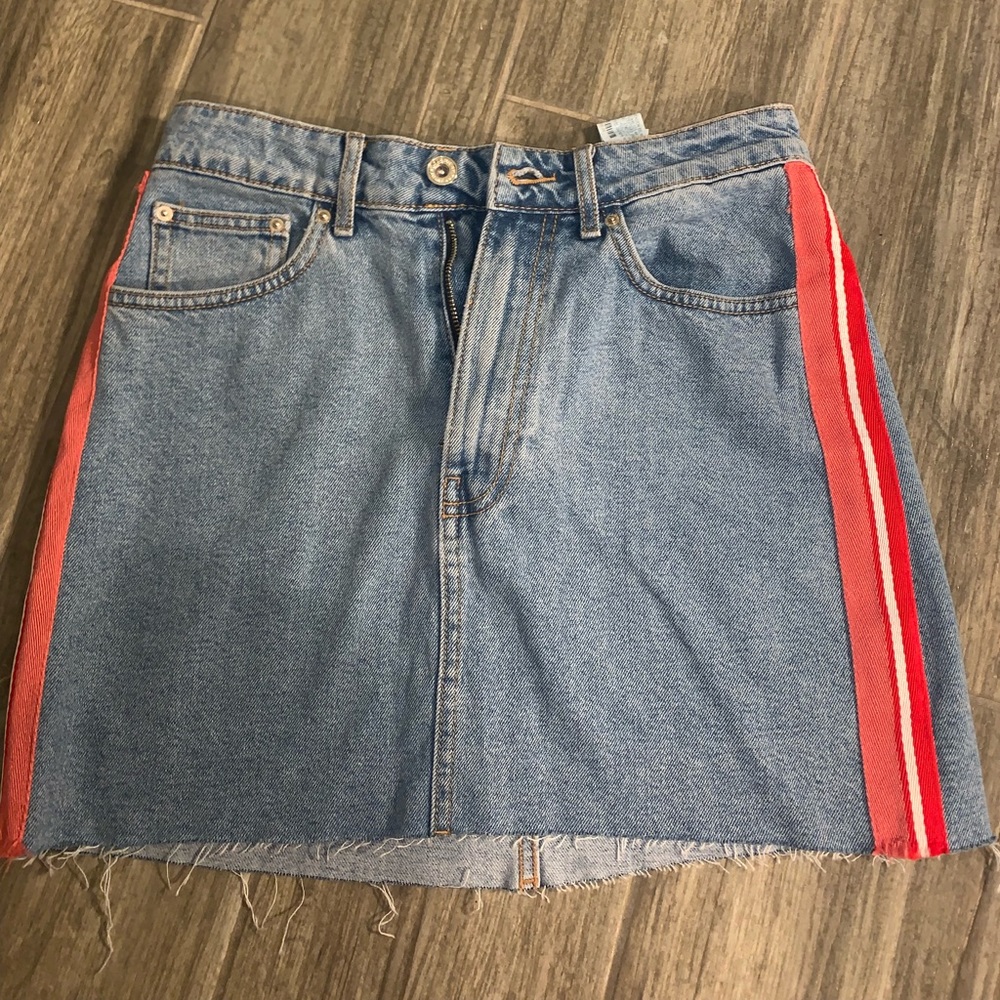 jean skirt with red ribbon trim